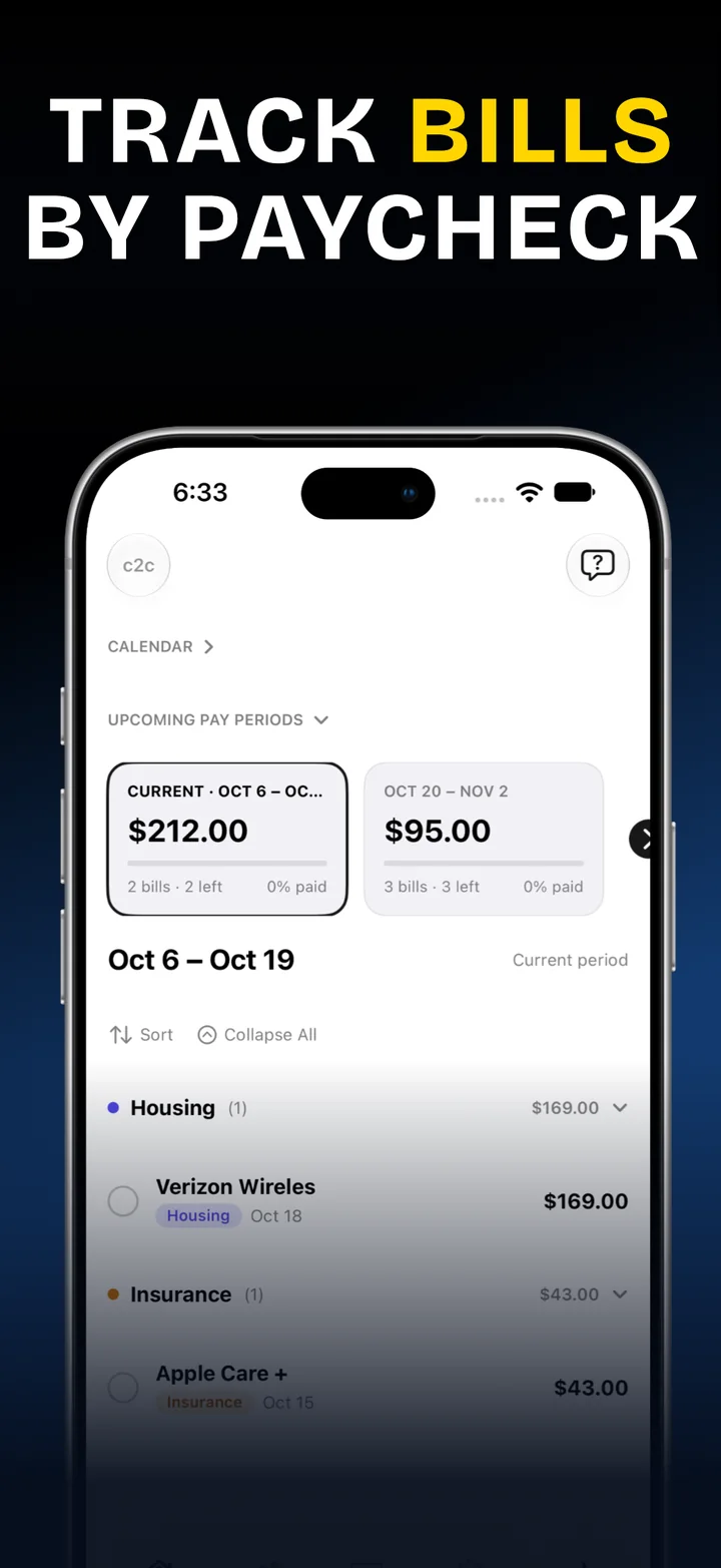 Track bills by paycheck: the Ledger showing the current pay period with bills grouped by category.