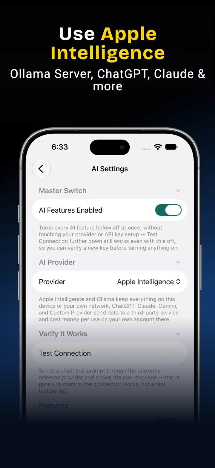 AI Settings with Apple Intelligence selected as the provider, plus options for ChatGPT, Claude and local models.