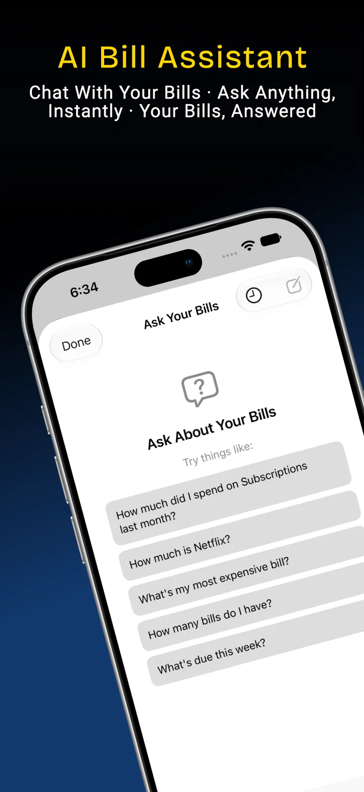 Ask Your Bills: a chat screen with example questions like how much was spent on subscriptions last month.
