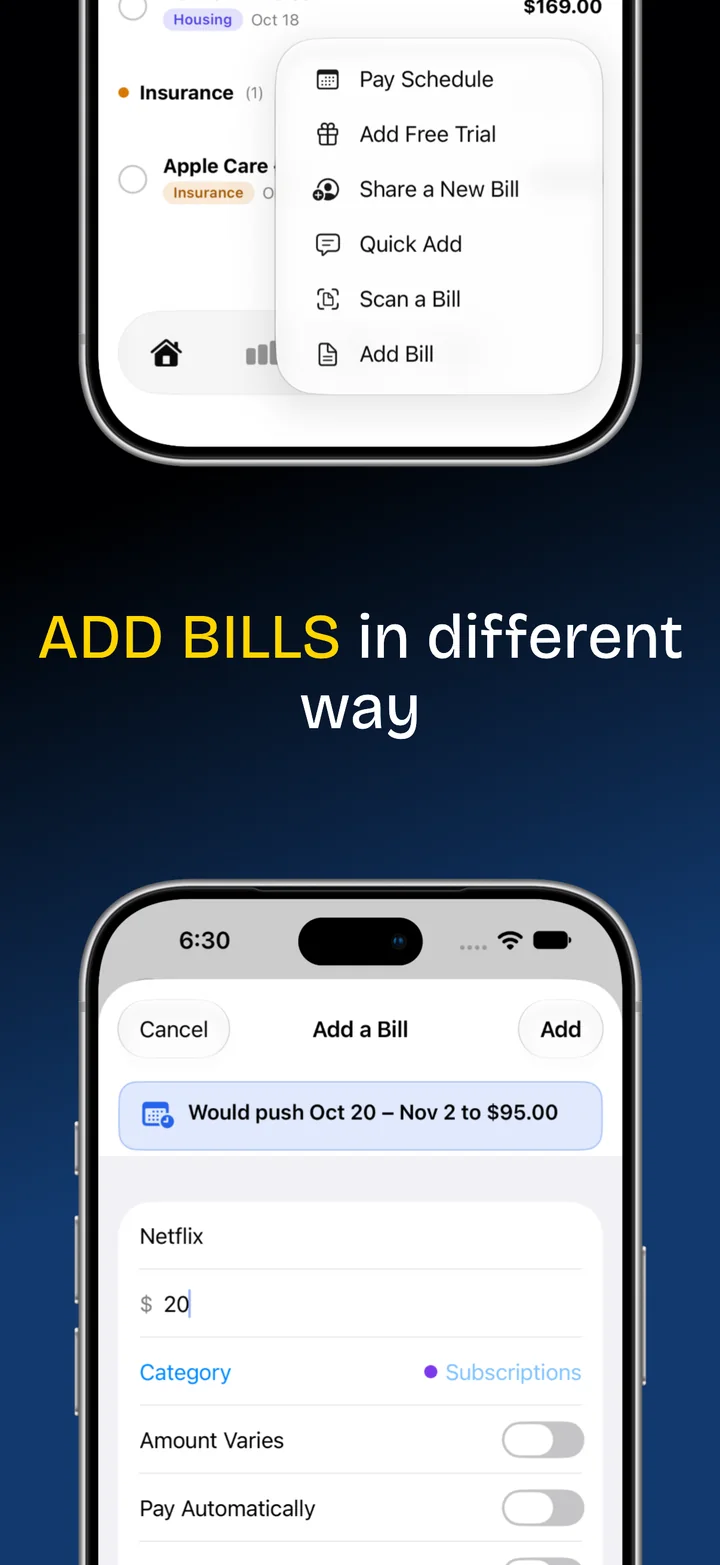 The Add menu and Add a Bill form, showing the different ways to add a bill.