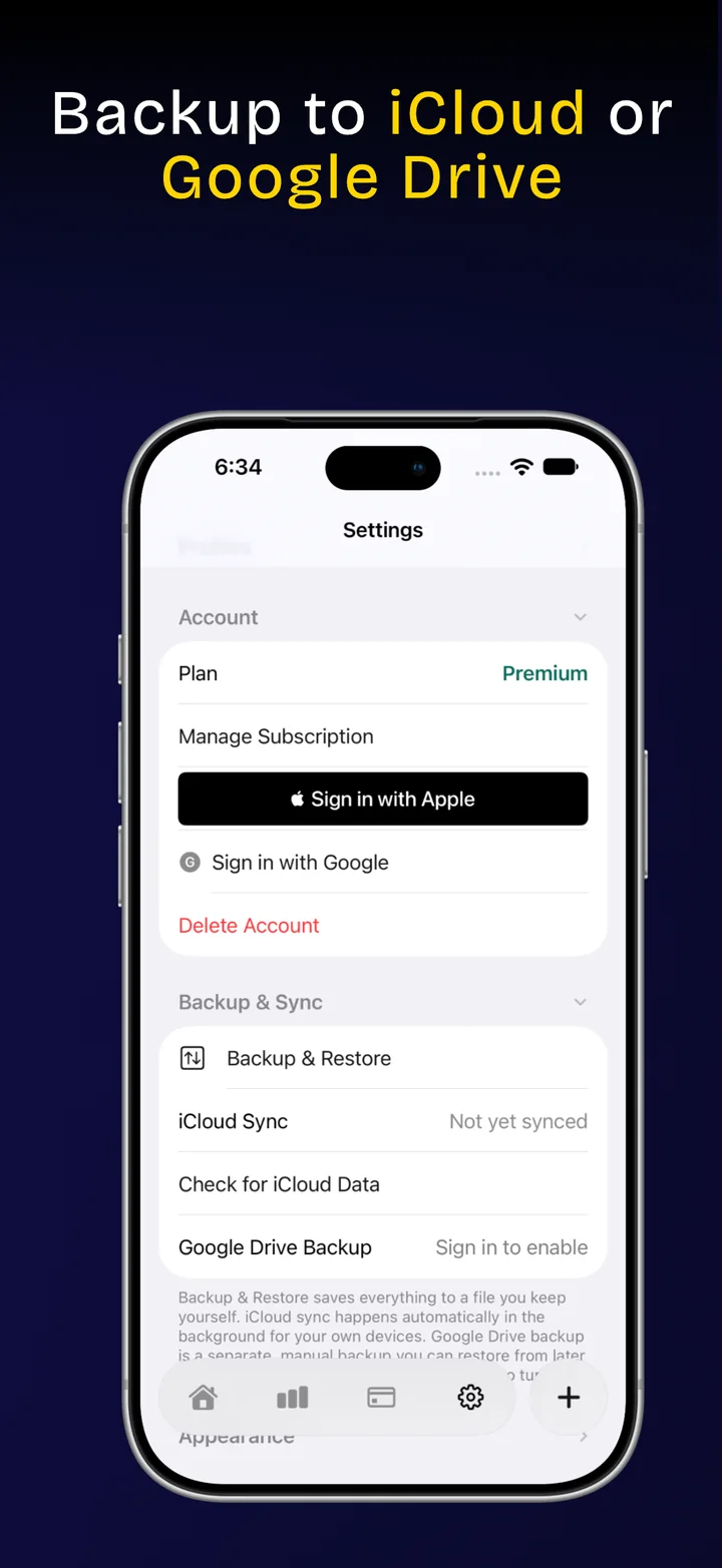 Settings showing Backup and Restore with iCloud and Google Drive options.