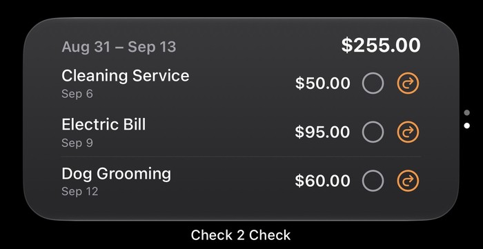 A home screen widget showing the current pay period's bills and remaining balance.